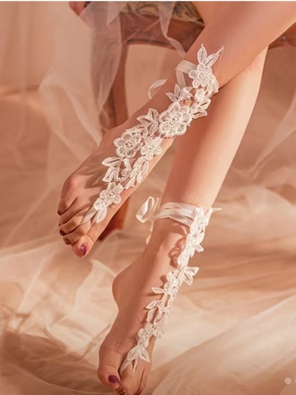 Elegant White Lace Bridal Foot Jewelry - Anklet and Barefoot Sandal
